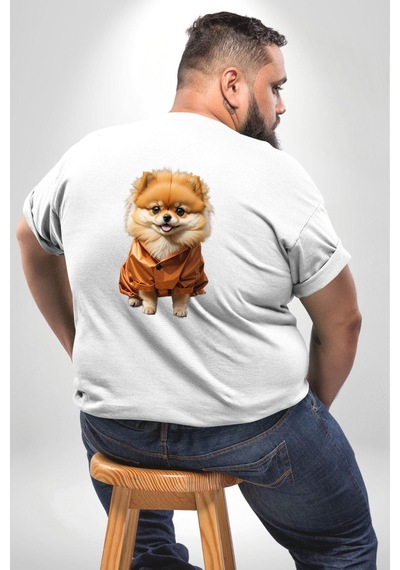 Angemiel Teacup Pomernian Çeket Büyük Beden Beyaz Tişört Kadın Erkek Ünisex Sırt Baskılı Beyaz