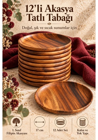Atbyhome 12'li Akasya Ahşap Tatlı Tabağı Seti 17 Cm - Doğal Yuvarlak Pasta Çay Saati Sunum Tabağı Kahverengi