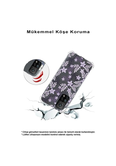Vivo Y16 Uyumlu Köşe Korumalı Floral Lila Tasarımlı Şeffaf Silikon Kılıf