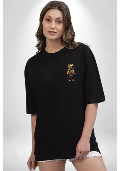 Spor Eşofman Takımı Sarı Kedi İnsan Siyah Oversize Unisex Ön Sol Yan Minimal Baskılı Tişört Koyu Siyah
