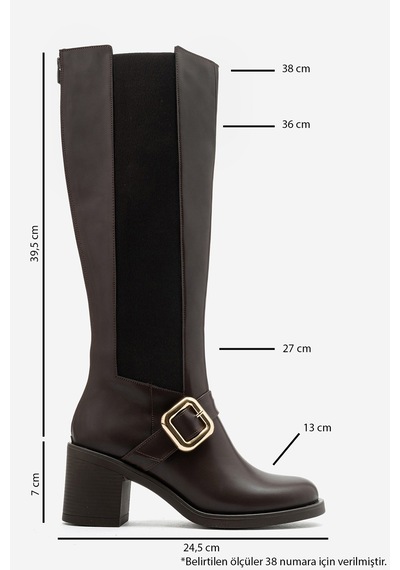 Luvi Shoes South Kahverengi Lastik Detaylı Tokalı Kadın Kalın Topuklu Çizme