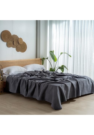 Waffle Desenli Pike Yatak Örtüsü Koyu Gri, Tek Kişilik Pike 160x230 Cm, 100% Pamuk, Hafif 4 Mevsim Kullanım Açık Indigo