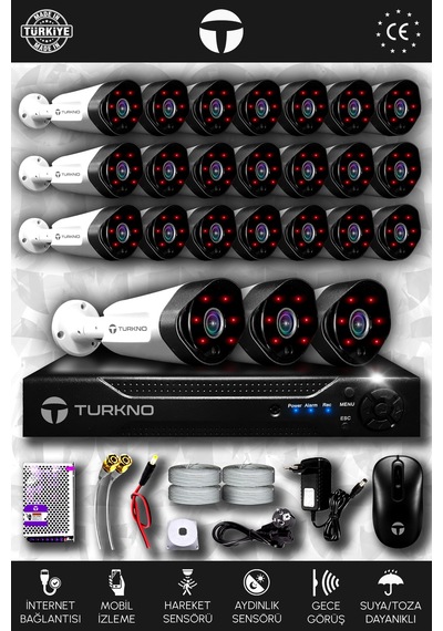 Turkno 24 Kameralı Galia 24 Dış Kamera Set HDD'siz Full HD Gece Görüşlü Güvenlik Kamerası Sistemi