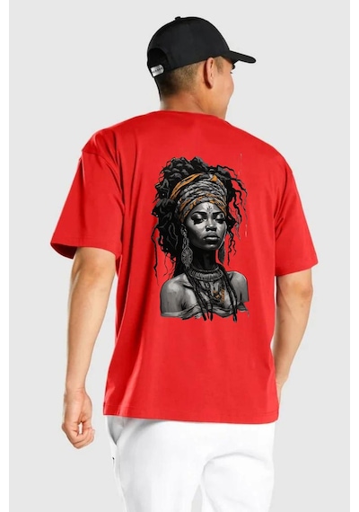 Afrikalı Kadın Sanat Siyahi Kırmızı Oversize Unisex Ön Ve Sırt Baskılı Tişört Kırmızı
