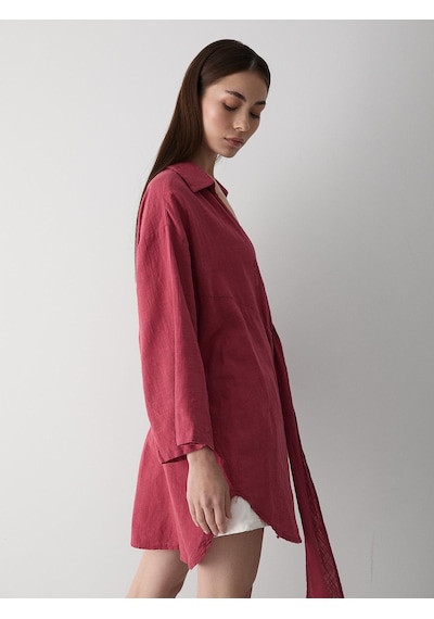 Laluvia Bordo Flam Keten Kimono Gömlek Bordo