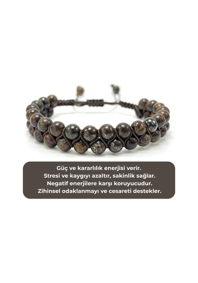 Sertifikalı Bronzit 6mm Çift Sıra Doğal Taş Makrome Bileklik Ayarlanabilir Ölçü Kahverengi