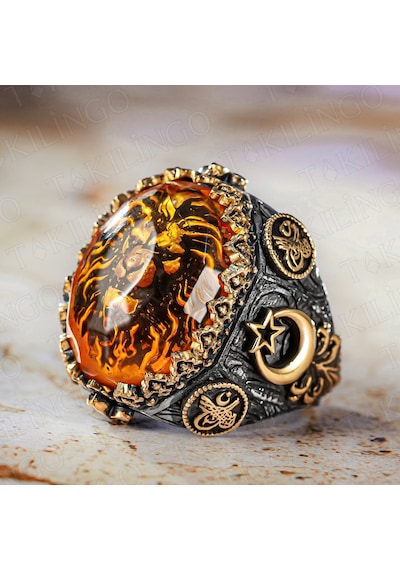 Takılingo 925 Ayar Gümüş 3d Aslan Ayyıldız İşlemeli Büyük Kasa Erkek Yüzük Gümüş