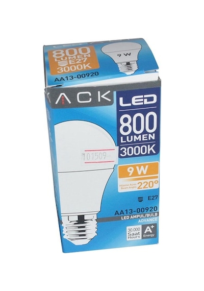 Ack Ampul Led 220Vac 9W Beyaz Cam 675Lm Gün Işığı 3000K E27 Aa13-