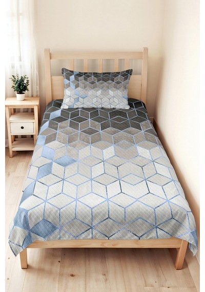 Geometrik Mavi Genç Odası Tek Kişilik Dekoratif Pike Takımı - Gri 160x220 Cm Kapitone Yatak Örtüsü Kırçıllı Yaprak Akışı