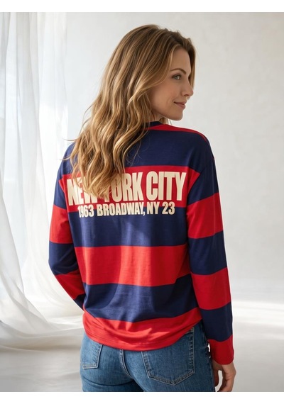 Nealirsanall.com Kadın Çizgili New York City Baskılı İnce Sweatshirt Lacivert