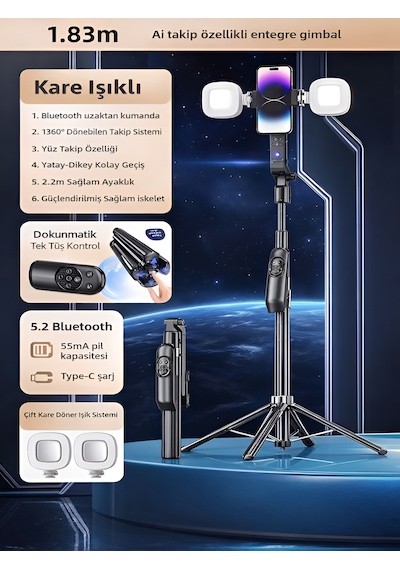 1500 Mah Led Işıklı 180 Cm Takip Özellikli Gimbal Tripod Selfie Çubuğu Bluetooth Kumandalı