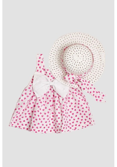 Chicsy Baby Tatl Kız Bebek Kalp Desenli Askılı Elbise Ve Şapka Takımı Yazlık Pamuklu Bebek Elbisesi Pembe