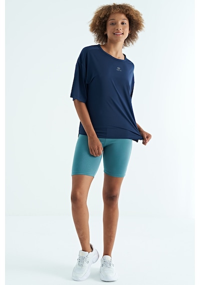 Tommy Life İndigo O Yaka Baskı Detaylı Oversize Kısa Kol Kadın T-shirt - 97263 Indigo