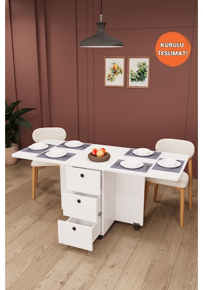 Lüks Katlanır Mutfak Yemek Masası %100 MDF Pratik Çekmeceli Çalışma Masası  KM100