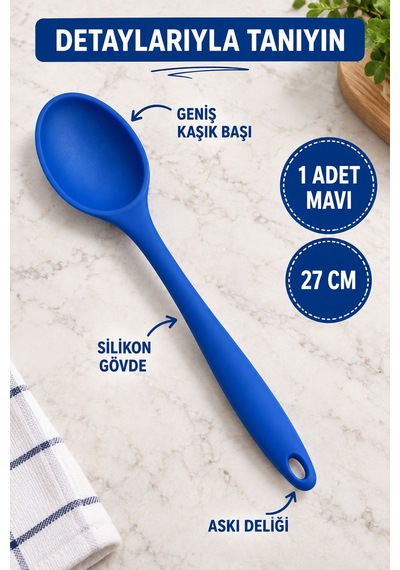 Tekli Mavi Büyük Boy Silikon Kaşık 27 Cm Mutfak Yemek Pişirme Ve Servis Kaşığı Sunum Ve Pişirme İçin