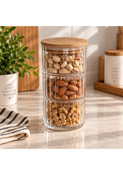 Bambu Kapaklı 3 Katlı Cam Saklama Kabı Seti 3x260 Ml