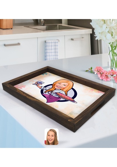 Kişiye Özel Kadın Garson Karikatürlü Ahşap Tepsi-1