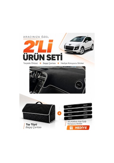 E-biz Peugeot 3008 Ekransız 2010-2015 Uyumlu Torpido Örtüsü + Tay Tüyü Çanta - Siyah-gri - Pe016