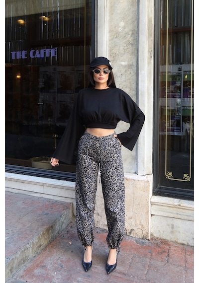 Kechi Woman Gabardin Kumaş Desenli Pantolon Gri Leopar