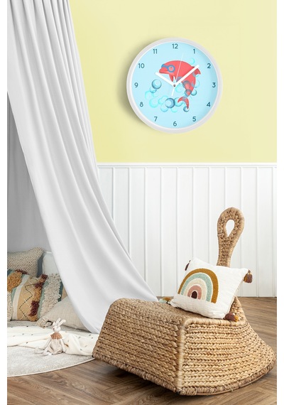 Sevimli Yunus Modern Çocuk Odası Duvar Saati - 35cm - Önü Camlı Beyaz Kasa - Sessiz Mekanizma Beyaz