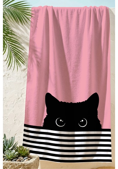 Kedi Figürlü Çizgili Pembe Plaj Havlusu-minimalist Siyah Beyaz Marine Hızlı Kuruyan Mikrofiber Havlu Kül Melon