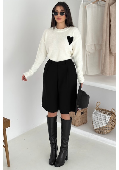 Noa & Noa Kadın Kalpli Kalın Triko Kazak Oversize & Minimal Romantik Stil Beyaz