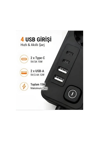 Akım Korumalı 5 Li Priz 2xusb 2xtype-c Çıkış Akım Koruma Çoklu Priz Çoğaltıcı Anahtarlı Ftr-31 Siyah 0
