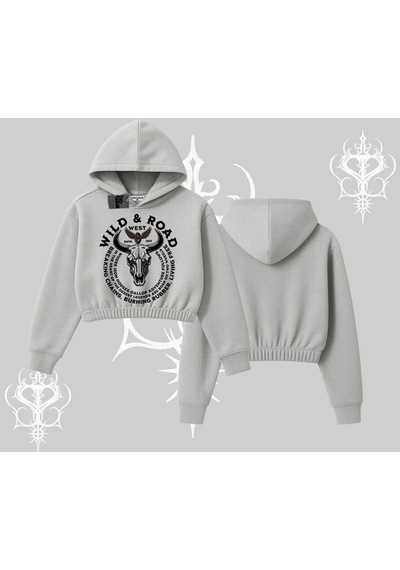 Startmore Kapşonlu Crop Sweatshirt Wild & Road Western Skull Biker Street Culture Gri