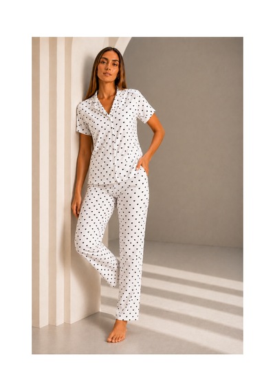 Fit Women Kadın Kısa Kol Rahat Kalıp Şık Kar Beyaz Pijama Takımı