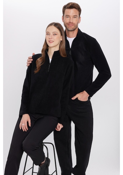 Tudors Unisex Standart Fit Rahat Kesim Tüylenme Yapmayan Soğuk Geçirmez Siyah Dik Yaka Polar Sweatshirt-30131 Siyah