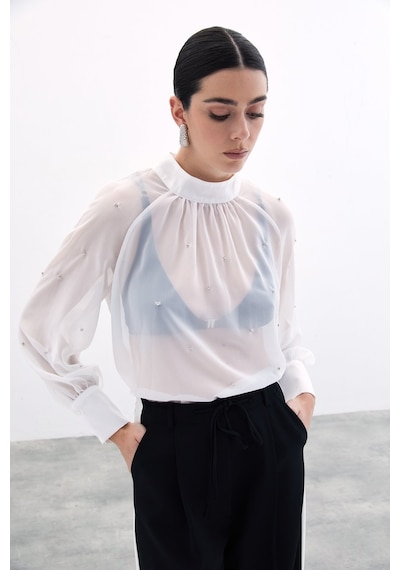 Sateen Taş Detaylı Transparan Bluz - Ekru-135759 Ekru