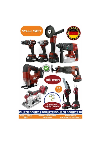 Böhrer Ba01083k 9 Makine Kombo Set 6 Akülü 2 Şarjlı Kömürsüz V598 5ah Profesyonel - Red Kırmızı