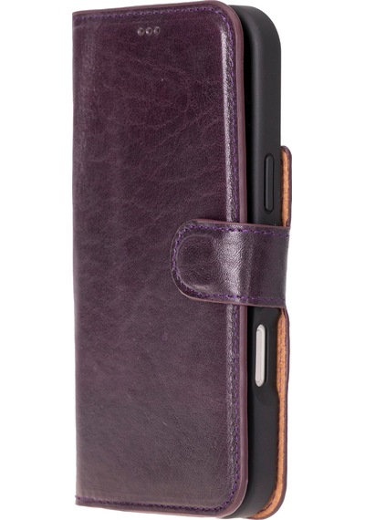Bloomcase Apple Uyumlu iPhone 16 Pro Max Burgundy Hakiki Deri Cüzdanlı Telefon Kılıfı Mor