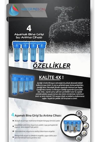 Watermelon Daire Bina Sayaç Girişi 4 Aşama Su Arıtma Sistemi Toz Tortu Pas, Klor, Kireç Önleyici Set