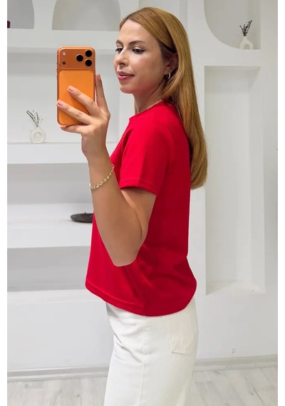Fiolin Soft Touch Modal Kumaş Nakışlı Lazer Kesim T-shirt Kirmizi