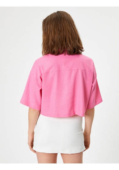 Koton Crop Keten Gömlek Dirsek Boy Kısa Kollu Cepli Rahat Kalıp Pembe 4sal60001ıw Gül