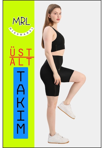 Missmaral Kadın Siyah Takım Alt-üst Kısa Şort-tayt Ve Pedli Sporcu Büstiyer 2li Set Haki Renk Biyeli Elt3043 Siyah Haki