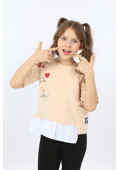 Toontoy Kids Toontoy Kız Çocuk Cool And Fancy Yazılı Kalp Baskılı Tişört Bej
