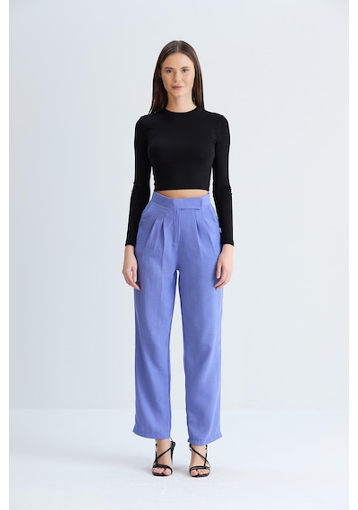 Sortie Collection Kemeri Cırtlı Keten Pantolon Mavi-mavi Mavi