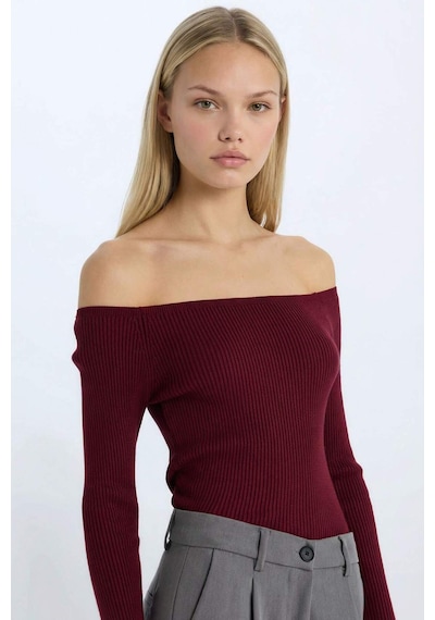 Defacto Fitted Açık Omuz Basic Düz Bordo Triko Kazak E0314AX24WNBR115 Bordo