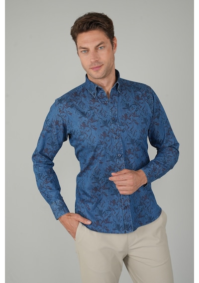 Bisse Erkek Uzun Kollu Spor Yaka Floral Desenli Denim Gömlek Gmjean252168 D39 Lacivert
