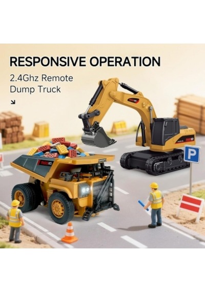 1/64 2.4 Ghz Usb Şarjlı Uzaktan Kumandalı Mini Ekskavatör Mini Kamyon 2 Li Set Sarı