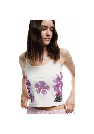 Koton Pamuklu Çiçekli Kolsuz Askılı Pullu Payetli Crop Bluz Ekru 5sal30316ık Ekru