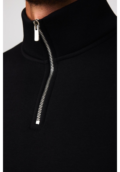 Tudors Unisex Relax Fit Rahat Kesim Pamuklu İçi Polarlı Yarım Fermuarlı Siyah Dik Yaka Sweatshirt-29035