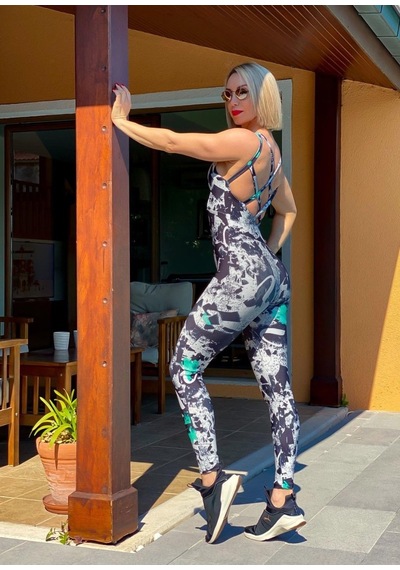 Lismina Sırtı Çift Çapraz İp Dekolteli Spor Tayt Tulum Siyah - Yeşil - Beyaz