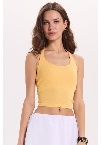 Tudors Kadın Slim Fit Dar Kesim Pamuklu Halter Yaka Kaşkorse Sarı Crop-50708