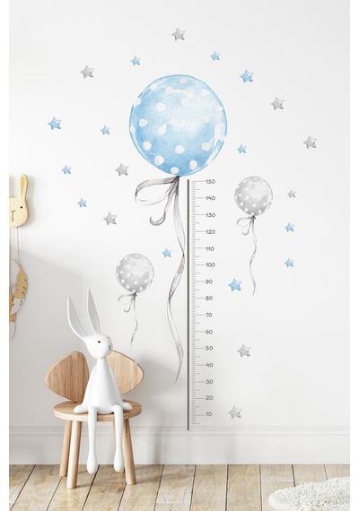 Mavi Balonlu Boy Ölçer Duvar Sticker Mavi