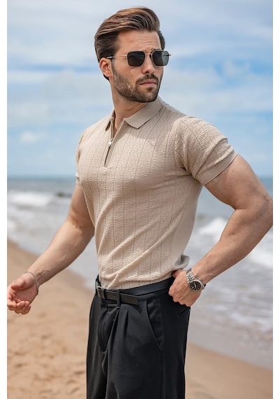 Madmext Taş Rengi Regular Fit Polo Yaka Triko Erkek Tişört E7503
