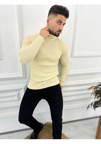 Elku Moda Kazak Slim Fit Tüylenmez Naturel Pamuk Triko Boğazlı Balıkçı Yaka Kazak Krem
