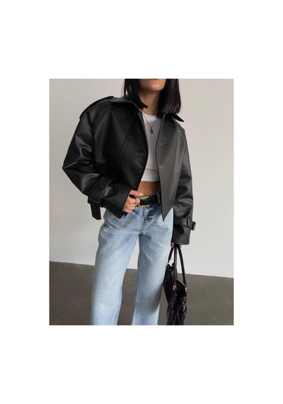 Almira Yeni Sezon Oversize Bomber Kadın Deri Ceket Siyah Siyah